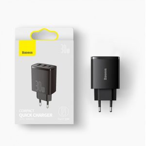 Compact szybka ładowarka sieciowa 2x USB USB-C 30W 3A PD QC czarny - obrazek 1